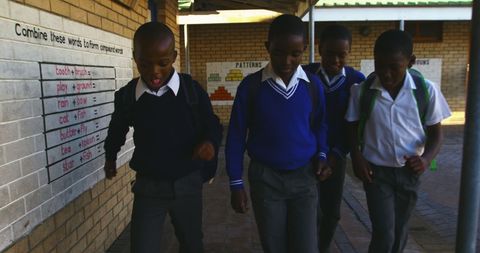 Happy african american schoolboys walking with backpacks outdoors