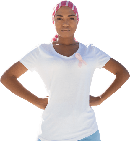 Confident Woman with Mantra Scarf and Breast Cancer Awareness Ribbon