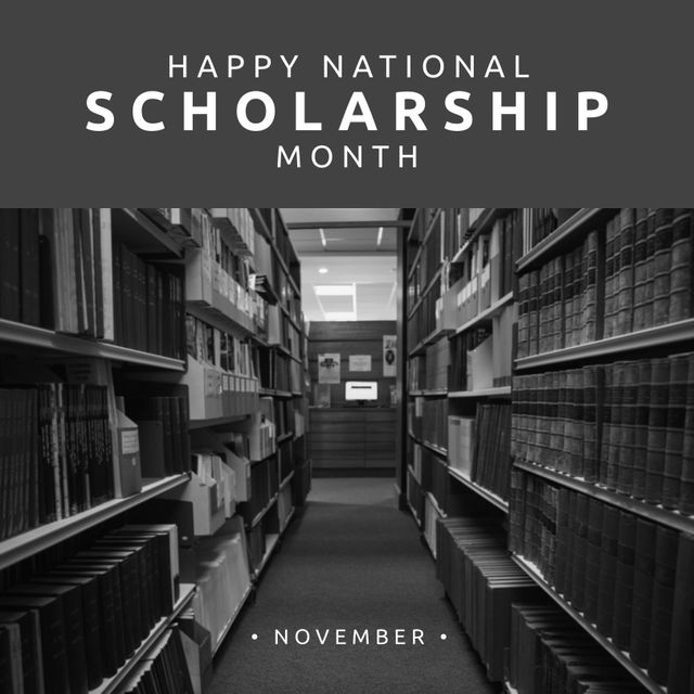 Composite of books on shelves in library with happy national scholarship month and november text. Copy space, knowledge, education, opportunity and awareness concept.