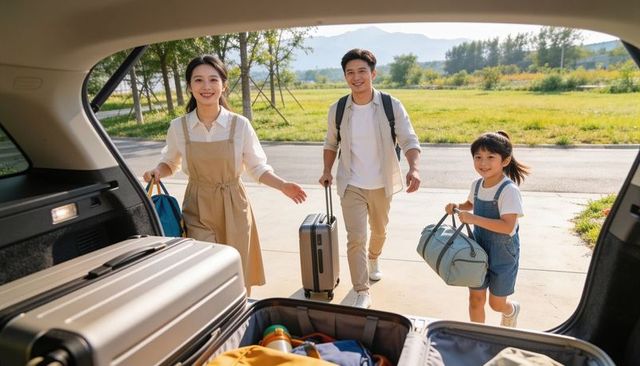 Family walking toward car with open trunk packed with luggage for weekend getaway
