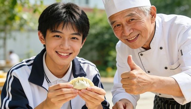 Young student learning dumpling making with friendly chef giving thumbs up outdoors