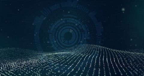 Futuristic digital landscape with glowing data waves and hud overlay