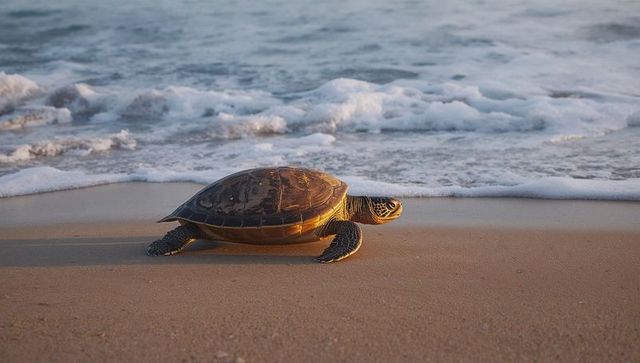 Green sea turtle crawling toward foamy surf on golden hour sandy beach