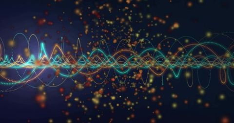Pulsing neon waveform flowing with glowing particles and layered light curves