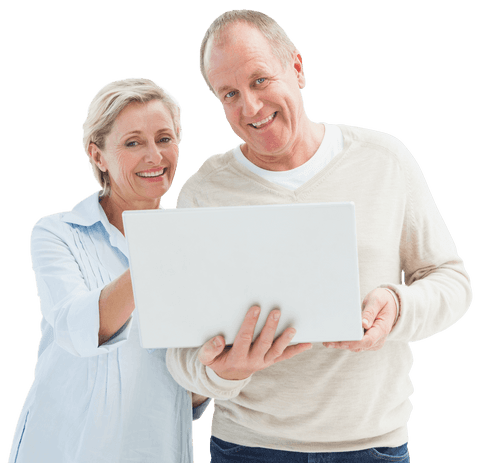 Smiling senior couple engaging with transparent laptop