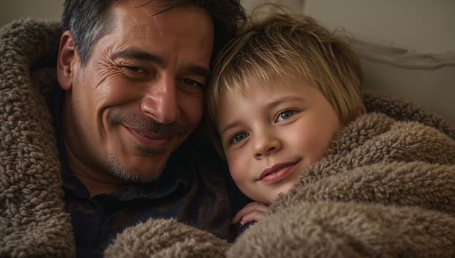 Cuddling father and son wrapped in thick brown plush blanket smiling warmly, cozy bonding