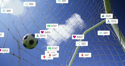 Soccer ball hits net with digital notification icons overlay