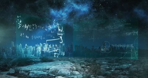 Futuristic urban landscape with digital maths equations