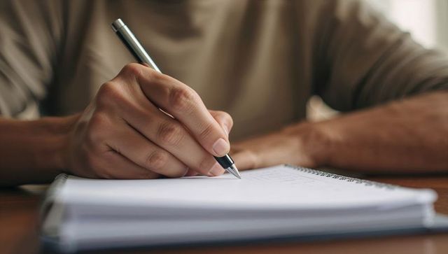 Right-hand writing with metal pen on spiral notebook close-up warm natural light