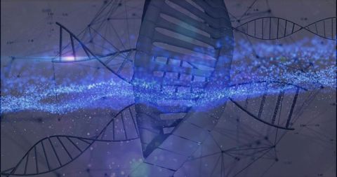 Indigo dna double helix with data stream and network schematic for genomics visualization