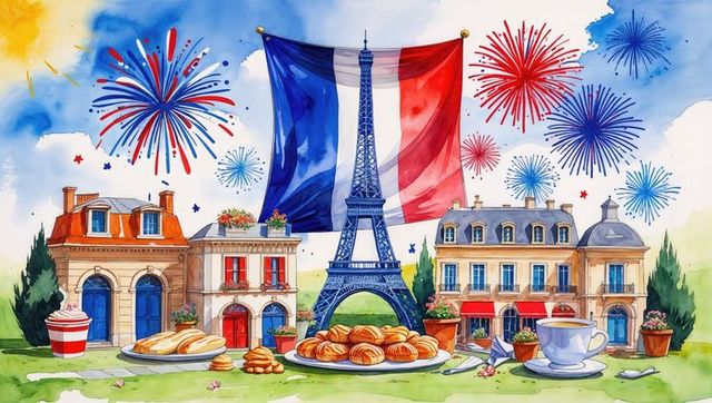 Celebratory Paris Scene with Eiffel Tower, Croissants and Fireworks