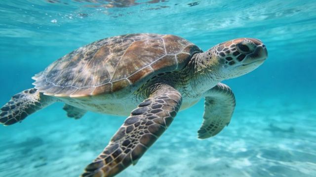 Green sea turtle gliding through turquoise shallow water with sunlit shell patterns