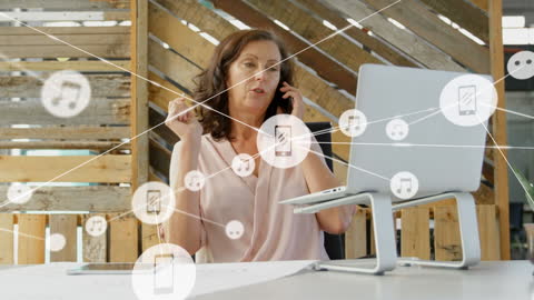 Businesswoman Engaged Smartphone Call Surrounded by Digital Network