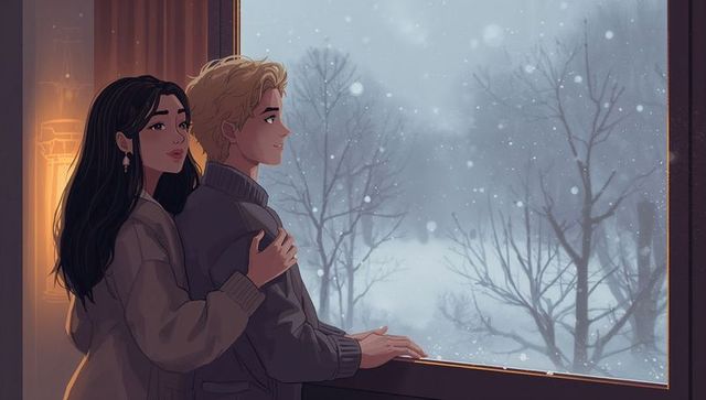 Couple embracing by window watching snowfall through frosted trees cozy winter romance