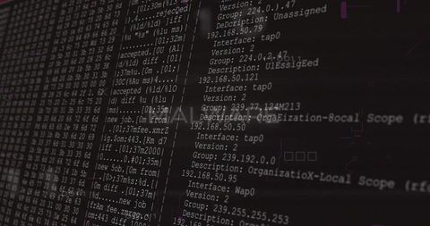 Dark terminal logs displaying network telemetry with ip addresses, hex dump and sysadmin console