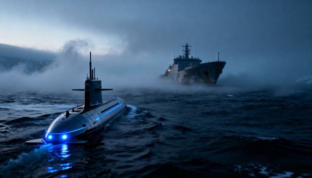 Stealth submarine with blue bow lights navigating foggy twilight sea near ship