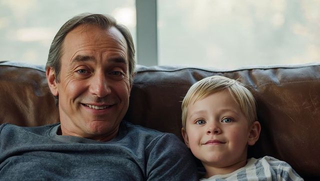 Father and son sharing quiet moment on brown leather sofa at home