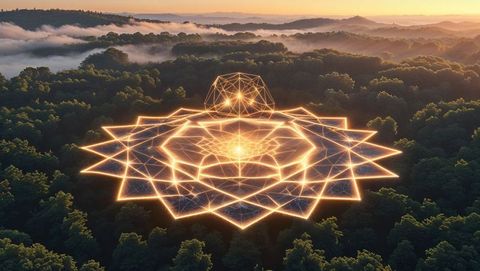 Luminous Lotus Wireframe Hovers Above Misty Sunrise Forest