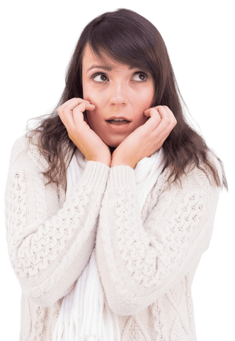 Surprised brunette woman with hands on face transparent background