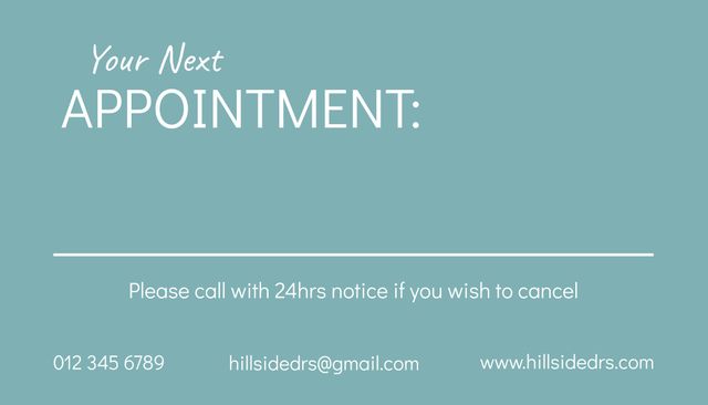 Ideal for businesses and medical offices needing a professional and simple design to remind clients of upcoming appointments. Can be used to create customized reminder cards or resized for digital reminders. Includes space for adding appointment details and contact information.