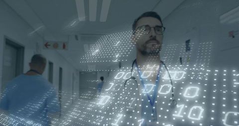 Doctor walking hospital corridor with digital binary overlay representing health data