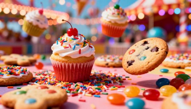 Frosted Cupcake Topped with Cherry Surrounded by Sprinkles, Cookies and Bright Candy