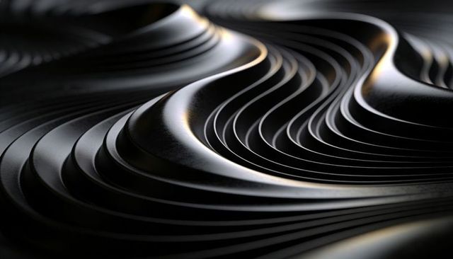 Black Metallic Layered Waves Sculpting Flowing Contours with Warm Golden Highlights