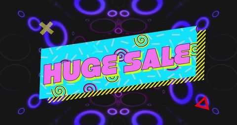 Retro neon huge sale banner with cyan slanted panel, bold pink typography, hazard stripe