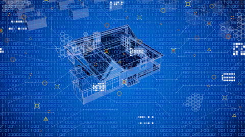 Digital House Model in Blue Binary Code Space