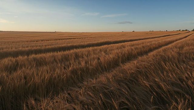 Swaying wheat fields bathing in warm sunset light showing tramlines and distant horizon