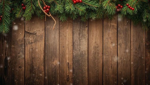 Rustic christmas wood plank backdrop with evergreen garland, red berries and twine