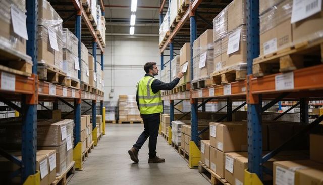 Warehouse worker inspecting pallet labels in industrial storage aisle wearing hi-vis vest