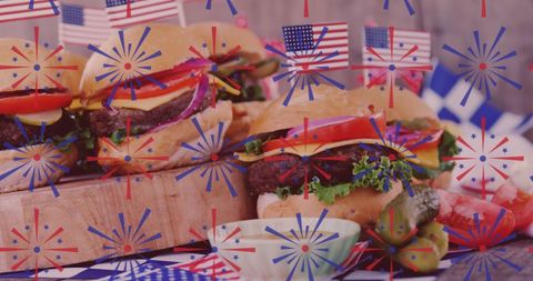 Festive american burgers with fireworks illustration