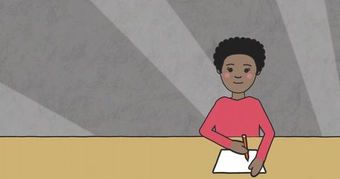 Teen writing at desk with pencil and paper, minimal cartoon background