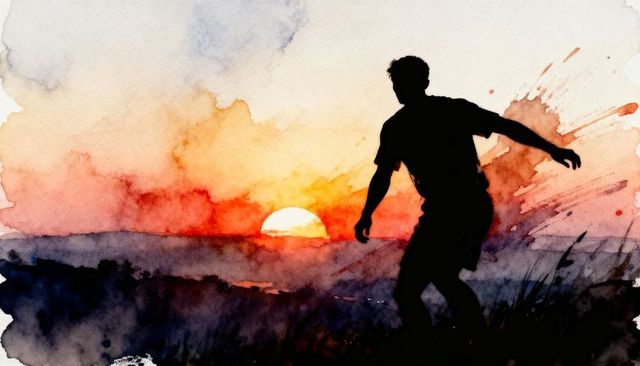 Silhouetted man watching watercolor sunset glow over coastal meadow at dusk with vivid sky