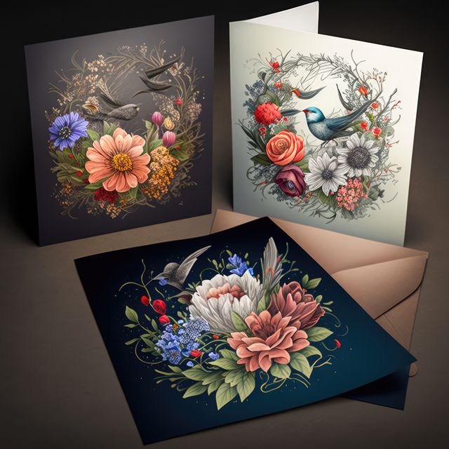 Cards with multi coloured flowers and envelope, created using generative ai technology. Celebration, greeting cards and well wishes concept digitally generated image.