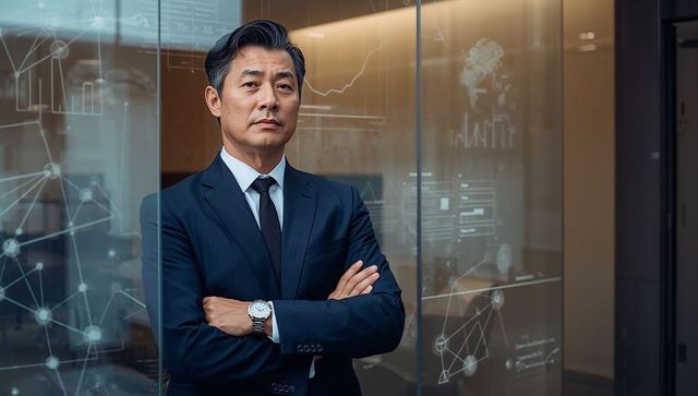 Confident asian executive standing with arms crossed in modern office with data overlays