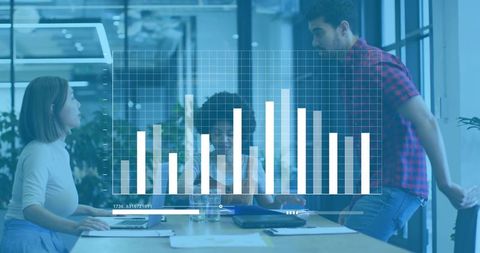 Team Discussing Data and Reviewing Analytics with Bar Chart Overlay in Glass Office