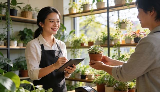 Smiling plant shop assistant using tablet while accepting succulent at sunny counter