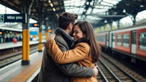Romantic farewell at train station: couple embracing on platform