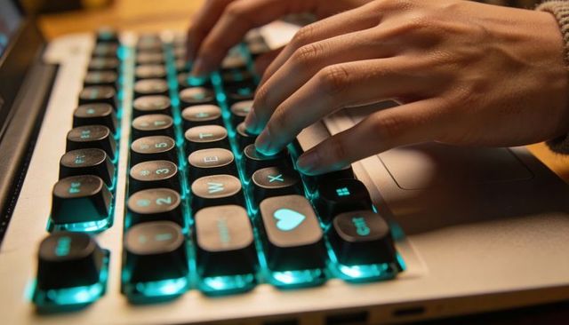 Hands typing on teal backlit laptop keyboard with heart keycap and retro mechanical keys