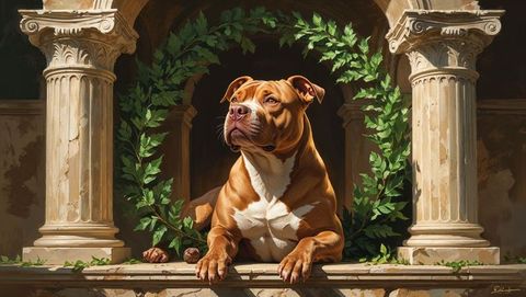 Majestic pitbull dog reclines elegantly in ancient courtyard