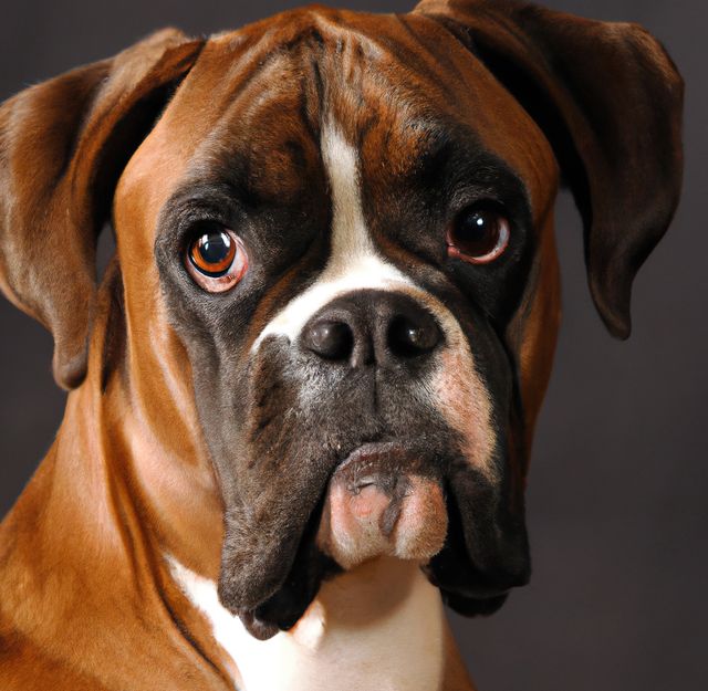 Close up of cute brown and black boxer dog over gray background. Animals, nature, dog and harmony concept.