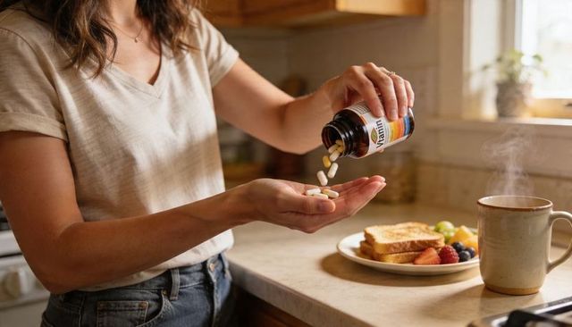 Sunlit morning vitamin routine with breakfast on kitchen counter, pouring daily capsules