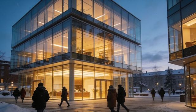 Glowing glass office tower at blue hour with snowy plaza and pedestrians in parkas