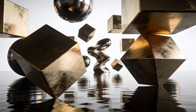 Bronze geometric sculptures floating above rippled water reflective abstract 3D render