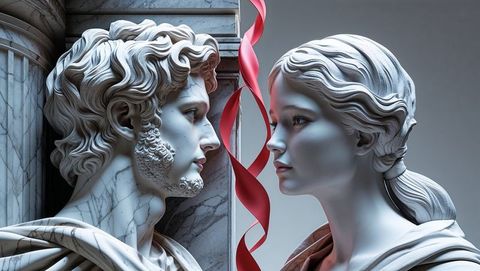 Classical marble busts with red ribbon symbolizing timeless elegance