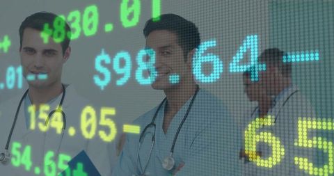 Doctors in clinic with financial chart overlay: healthcare and finance concept