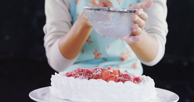 Woman Decorating Strawberry Cake with Powdered Sugar - Download Free Stock Images Pikwizard.com