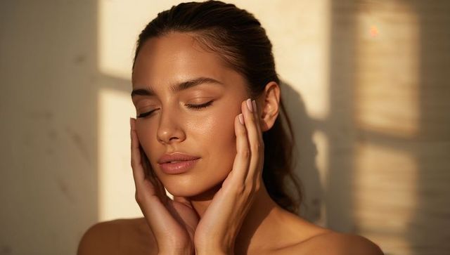 Latina woman basking in golden hour light cupping cheeks, sunlit skincare portrait
